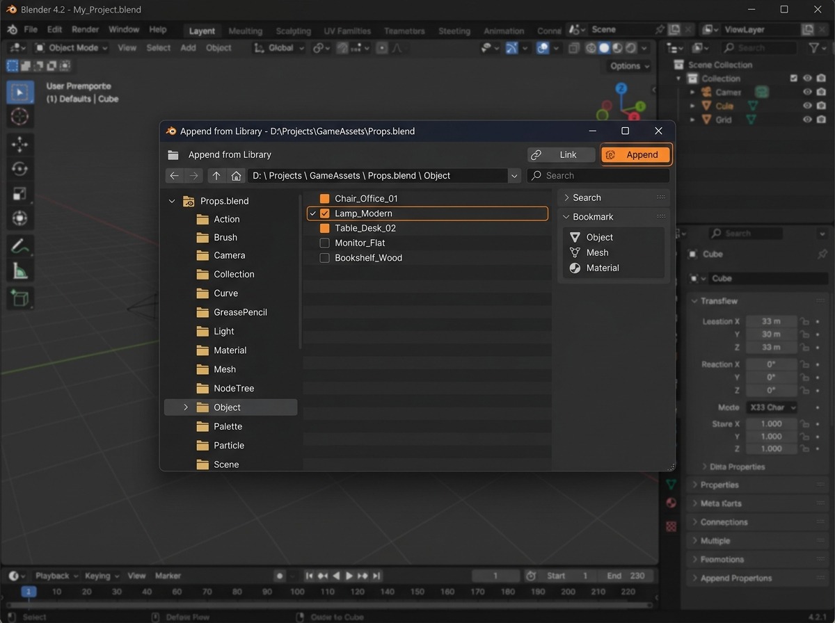 Het Append-bestandsvenster van Blender, modaal geopend over de rest van de interface: een bestandsblader-achtige dialoog toont de submappen van een .blend-bestand (Object, Mesh, Material), waarbij de map Object is opengeklapt met een lijst selecteerbare objecten. Bovenaan de titelbalk staat de bestandsnaam en het label “Append from Library”, met knoppen Link/Append rechtsboven.
