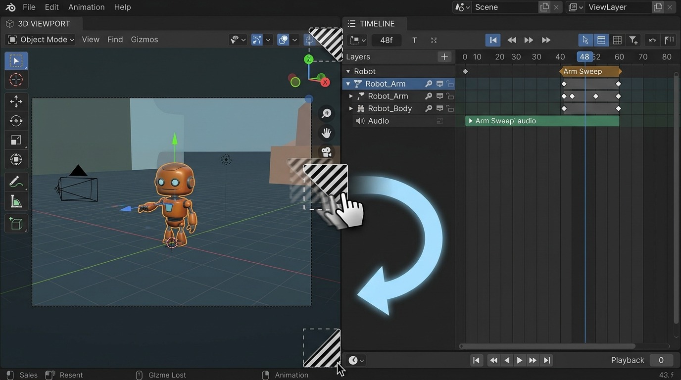 Een 3D-viewport naast een Timeline-area, met het gestreepte driehoekige greepje in de hoek van de Timeline vastgepakt en half over de grens naar de 3D Viewport gesleept. Een lichte blauwe overlay-pijl wijst van het greepje naar de area die zal verdwijnen. Sfeer van een sleepactie in volle gang, geen stilstaand eindresultaat.