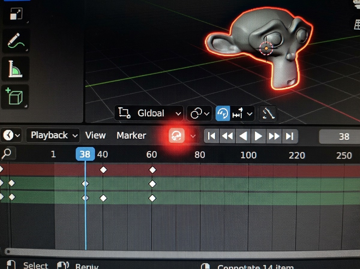 Auto Keying aan: het opnameknopje kleurt rood en de viewport krijgt een rode rand — een duidelijke waarschuwing dat elke wijziging nu een keyframe wordt.