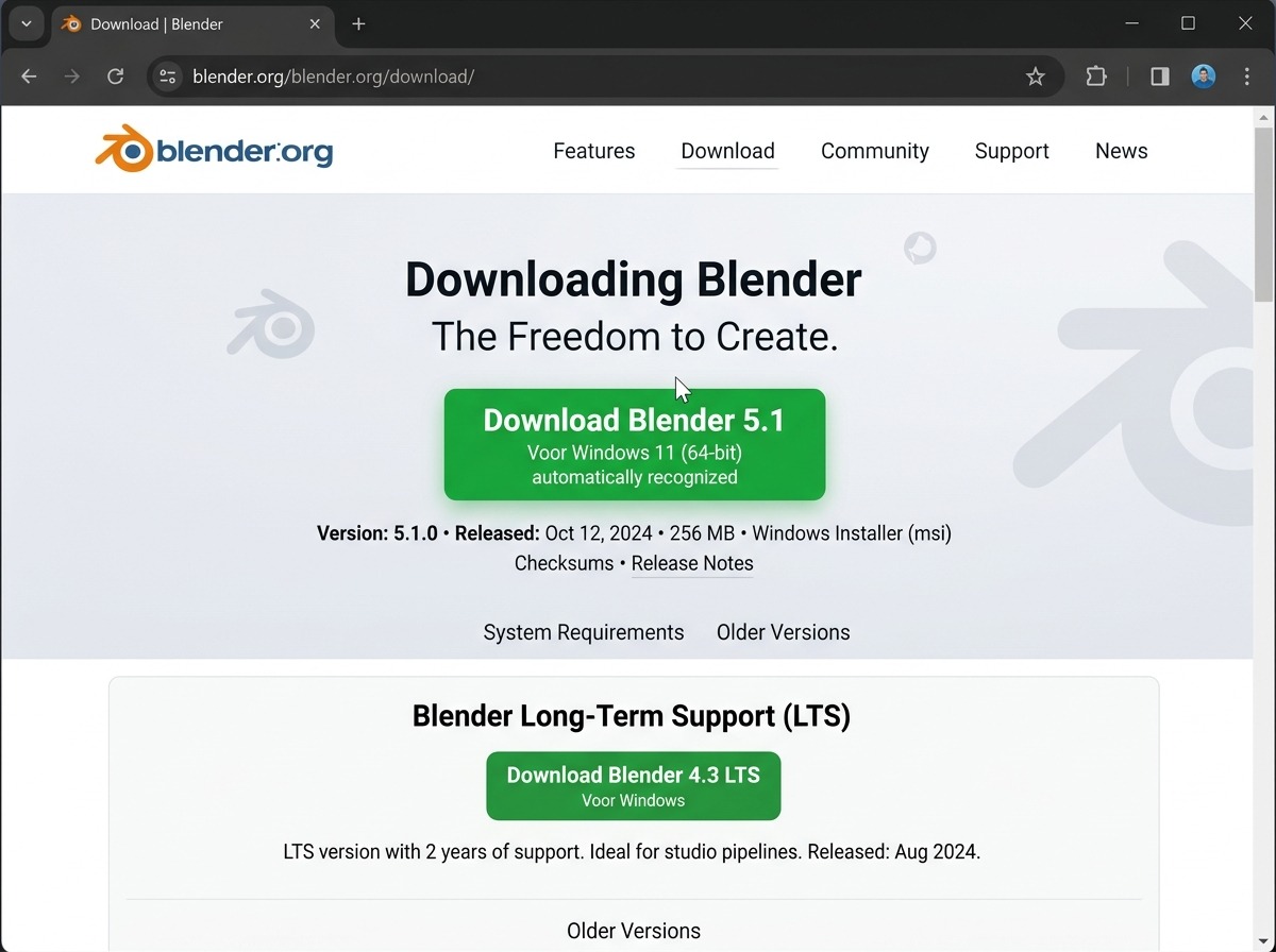 Een browservenster dat de downloadpagina blender.org/download toont: bovenaan een grote groene knop “Download Blender 5.1” met het besturingssysteem van de bezoeker automatisch herkend, en daaronder een aparte sectie met de LTS-versie als alternatief. Het oranje Blender-logo staat linksboven in de paginakop, de rest van de pagina is licht en overzichtelijk. De muiscursor zweeft net boven de downloadknop.