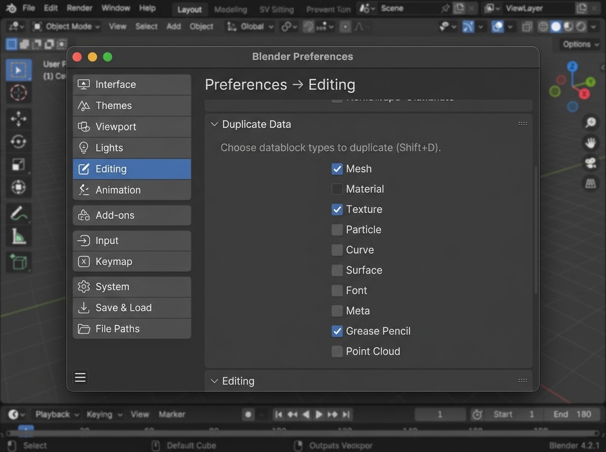 Het paneel Duplicate Data in Preferences → Editing: een verticale lijst met checkboxen naast datablocktypes als Mesh, Material, Texture, Particle en Curve. Mesh staat aangevinkt, Material niet, zodat het verschil in gedrag bij Shift D meteen zichtbaar is. Rustige grijstinten van het Preferences-venster, de tabkolom Editing links gemarkeerd.