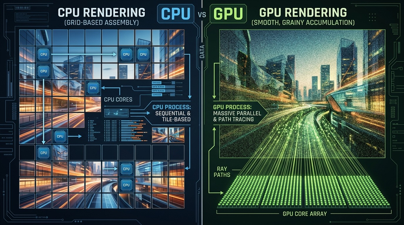 CPU- en GPU-rendering naast elkaar: hetzelfde beeld, andere weg ernaartoe.