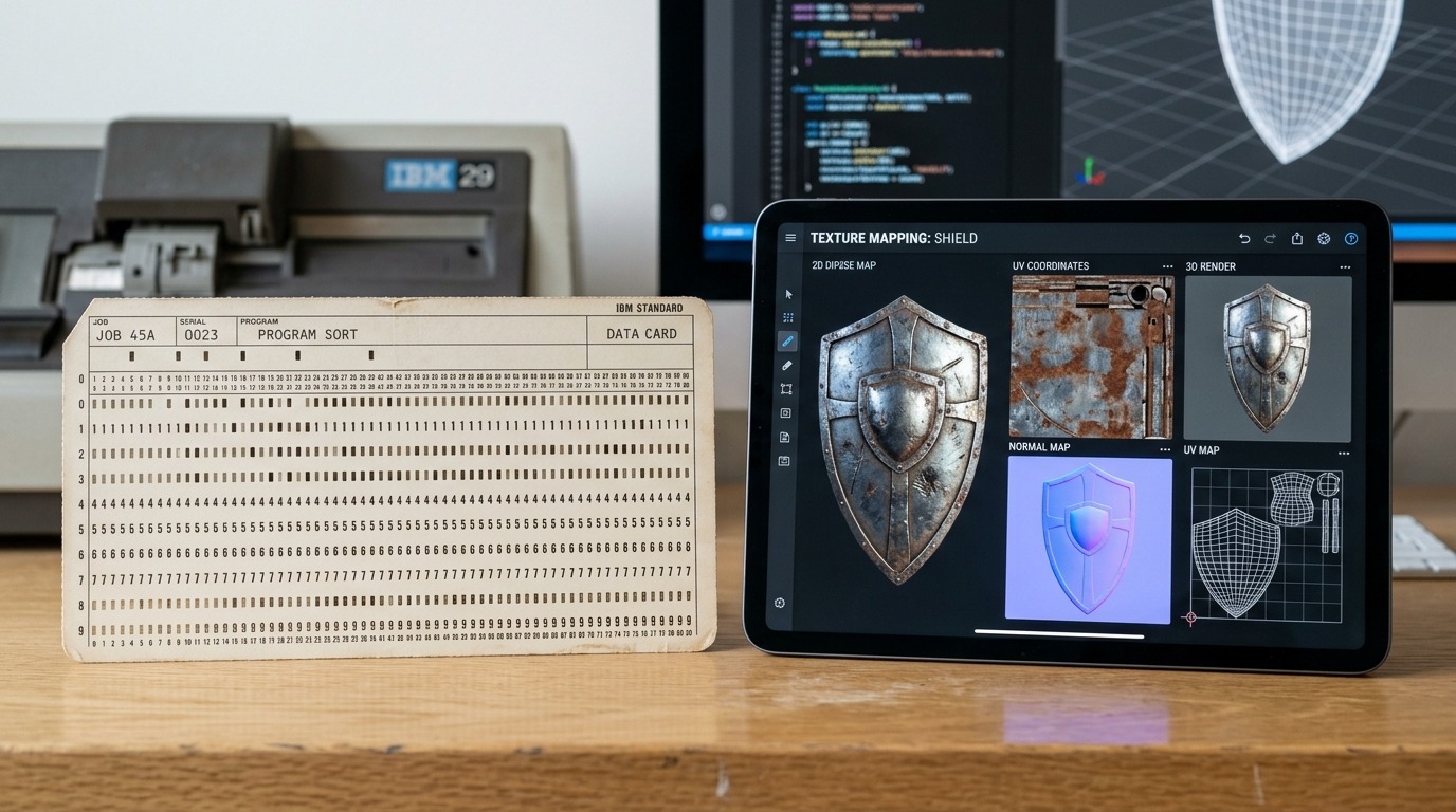 Een ouderwetse ponskaart naast een modern touchscreen — twee generaties textuursystemen naast elkaar.