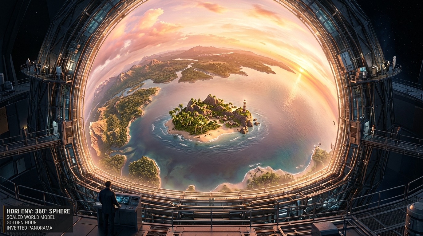 Een object binnenin een omgekeerde bol met een 360°-panorama erop geplakt — zo werkt een World.