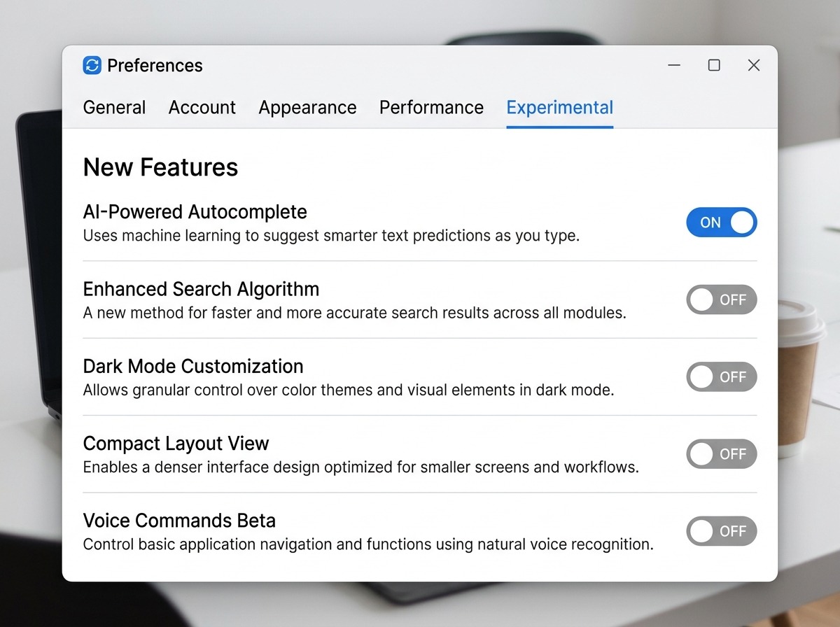 Preferences → Experimental-tab, sectie New Features: een lijst schakelaars, elk met direct eronder een korte, kleinere grijze beschrijvingsregel die uitlegt wat de schakelaar doet. Één schakelaar staat aangevinkt, de rest uit, zodat het patroon ‘schakelaar + uitleg eronder’ duidelijk zichtbaar is.