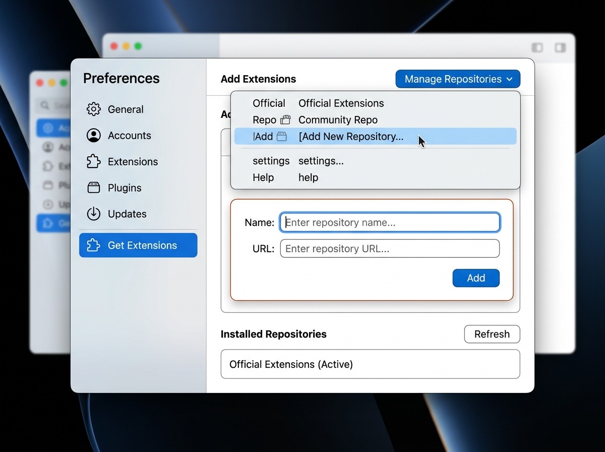 Preferences → Get Extensions, met het dropdownmenu bovenaan opengeklapt: de optie “Add New Repository…” is gemarkeerd. Eronder, als vervolgstap, een klein invulformulier met een naamveld en een URL-veld voor de eigen repository, met een Add-knop rechts onderaan.