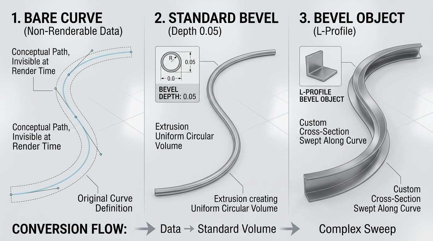 Dezelfde curve drie keer naast elkaar: kaal (onzichtbaar bij render), met Bevel Depth 0.05, en met Bevel Object ingesteld op een L-profiel.