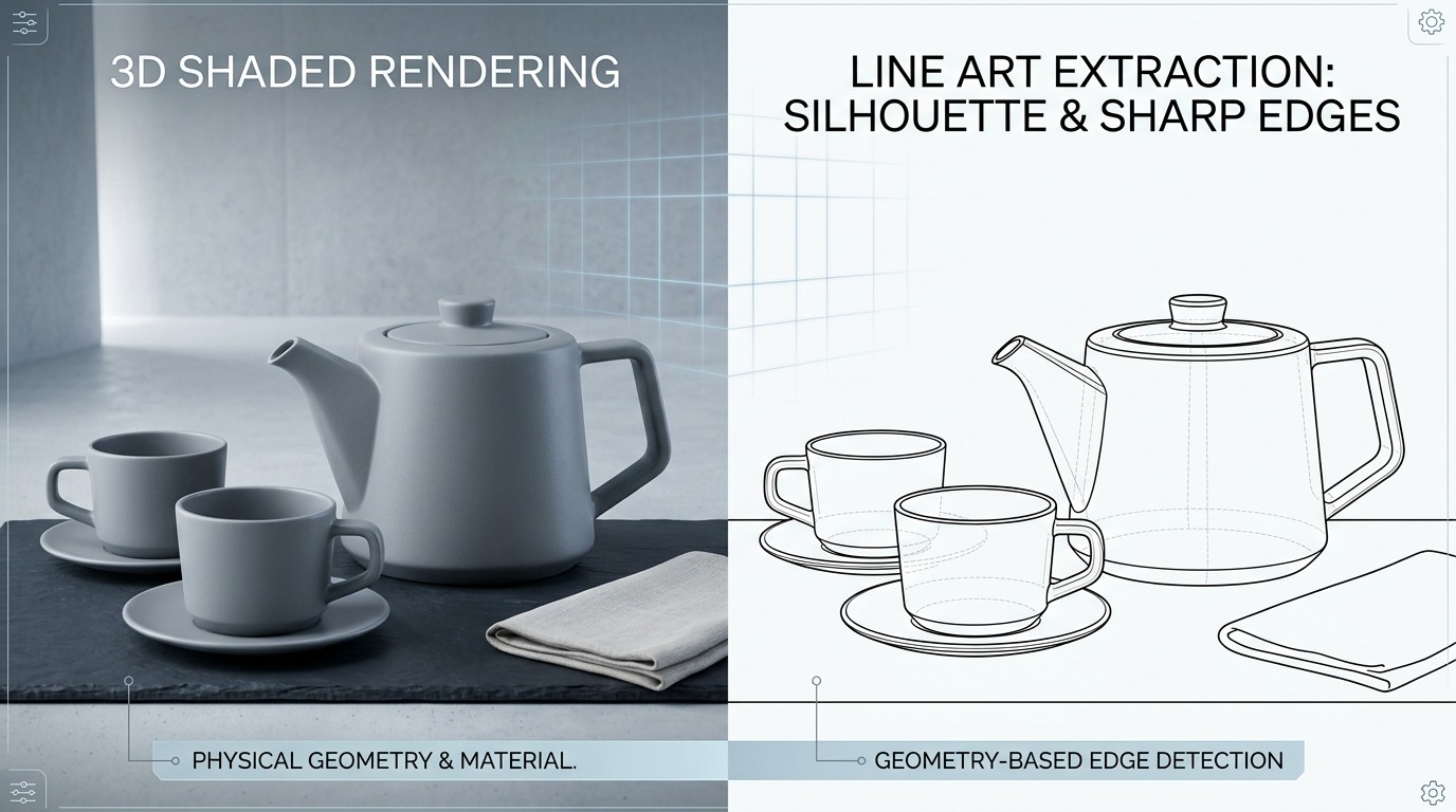 Een 3D-scène met een theepot en twee kopjes, ernaast dezelfde vorm nu enkel als Line Art-strokes: silhouet, scherpe randen en de verborgen achterlijn als dunnere stippellijn dankzij een gecombineerde Dot Dash-modifier.
