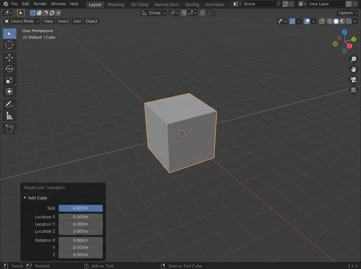 De Adjust Last Operation-balk linksonder in de 3D-viewport, direct na Shift-A → Add Cube: een klein, halftransparant donker paneel met velden voor Size, Location X/Y/Z en Rotation, met het label “Add Cube” bovenaan als uitklapbare titel. De zonet toegevoegde kubus staat er middenin de viewport achter.