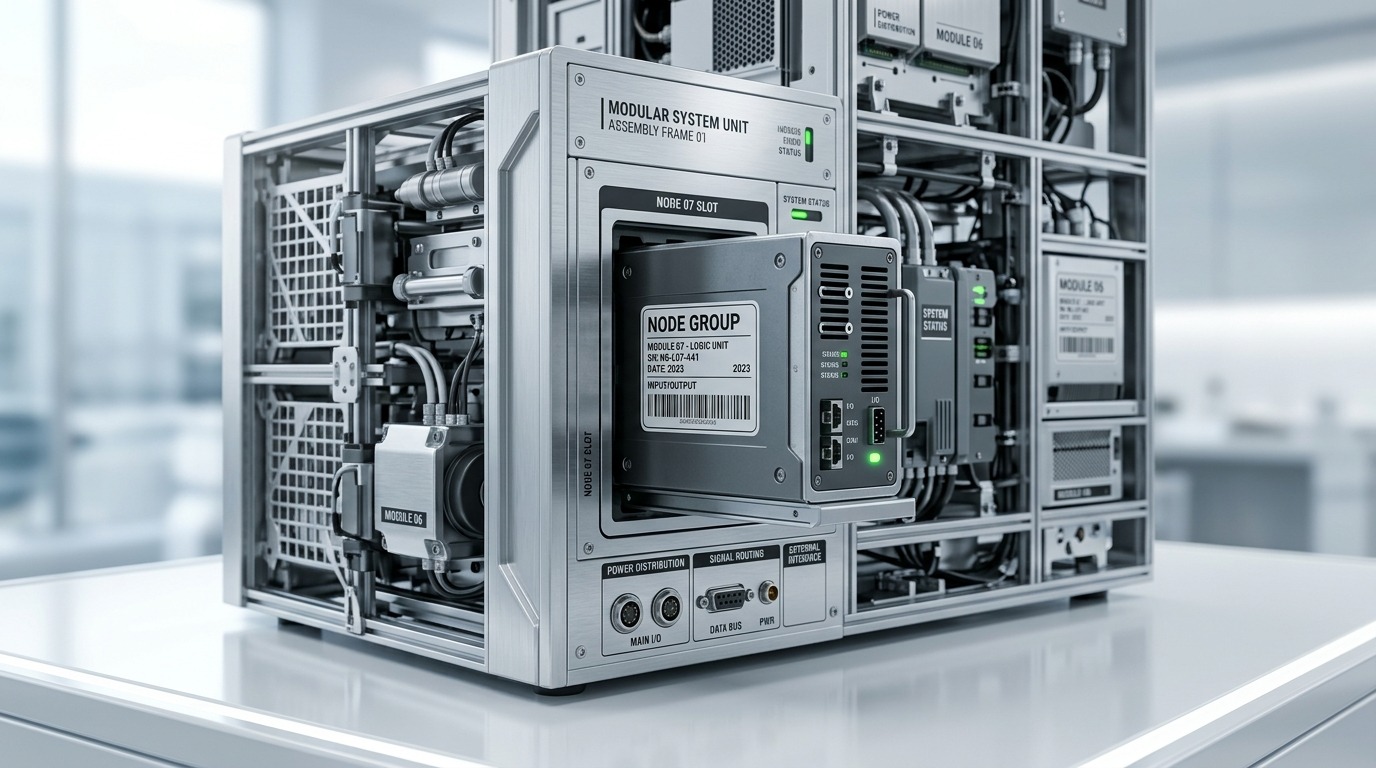 Een kleinere doos met een eigen label die binnenin een grotere machine zit — een node group als afgesloten bouwsteen met een eigen, simpel aanzicht naar buiten toe.