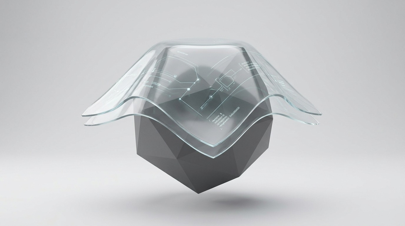 Een doorzichtige laag die over een grijs object wordt gelegd — een materiaal is een eigen laag informatie, geen eigenschap van de geometrie zelf.
