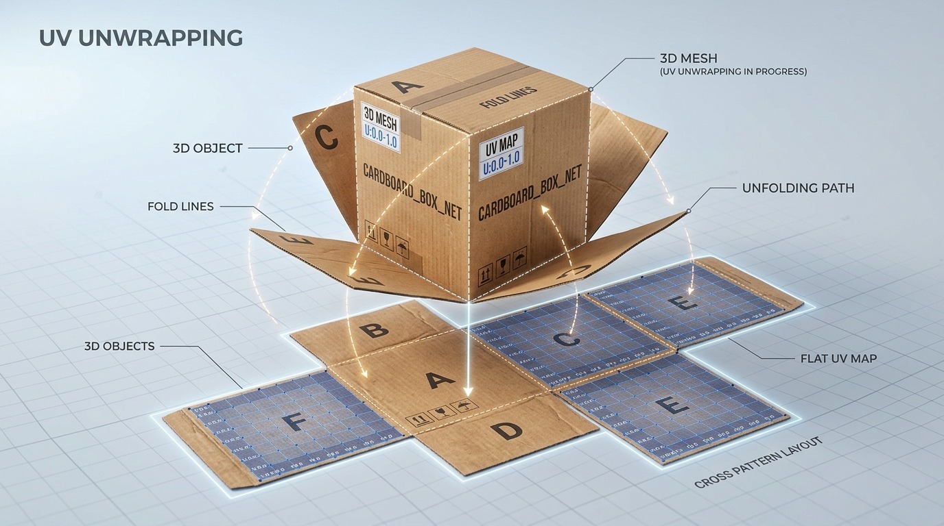Een kartonnen doos die langs zijn randen wordt opengevouwen tot een plat kruispatroon — precies wat een unwrap met een 3D-mesh doet.