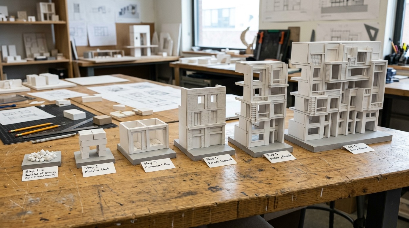 Zes maquettes op een werktafel, van een handvol stenen tot een hele gevel -- elk een stap groter dan de vorige.