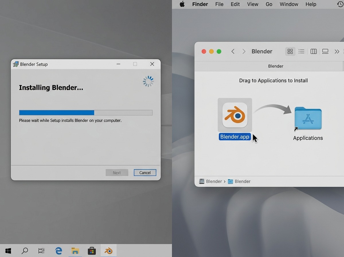Een tweeledig beeld: links een Windows .msi-installatievenster met een voortgangsbalk en de tekst “Installing Blender…”, rechts een macOS Finder-venster waarin het Blender.app-icoon naar de Applications-snelkoppelingspijl wordt gesleept. Neutrale, grijze systeemkleuren van de besturingssystemen zelf, geen Blender-interface te zien, duidelijk herkenbaar als een installatiemoment.
