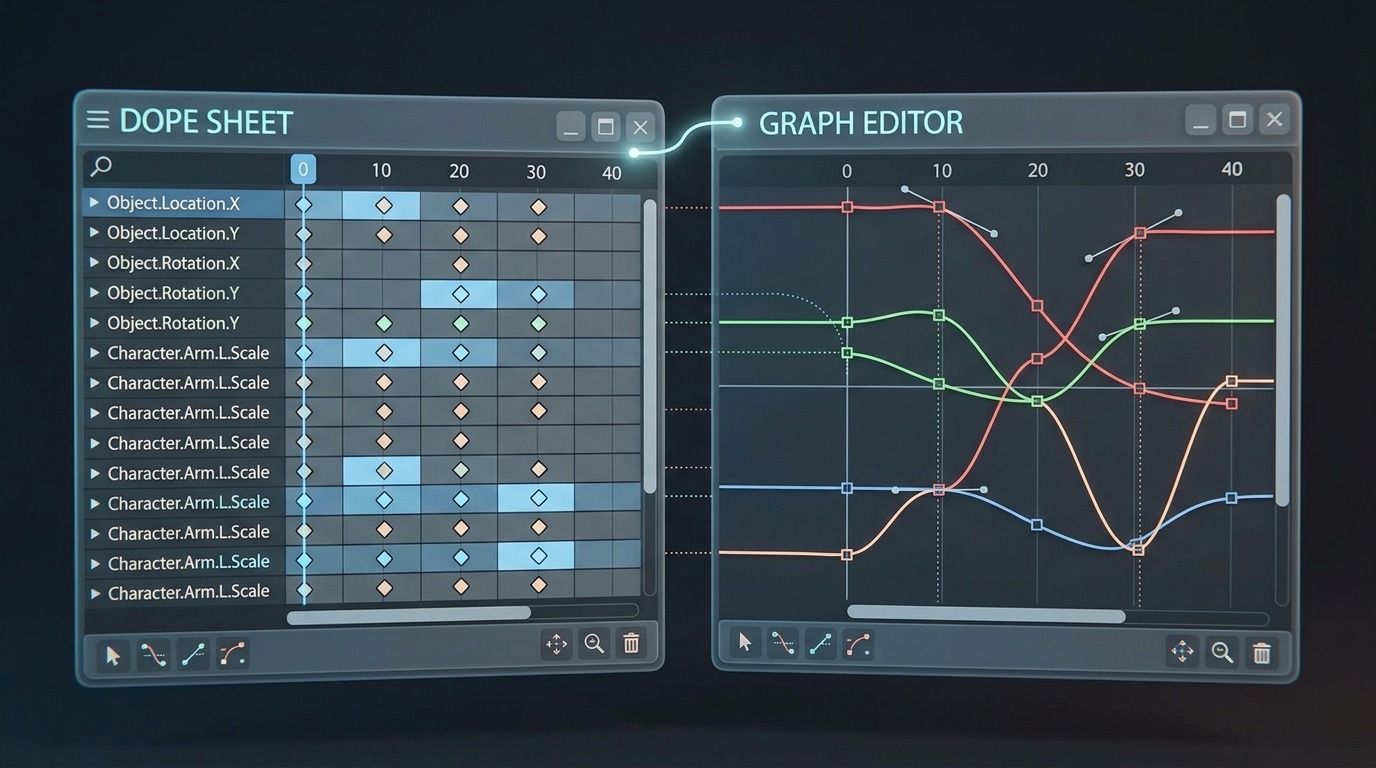 Twee vensters naast elkaar: hetzelfde rooster keyframes, en de curve die eronder schuilt.