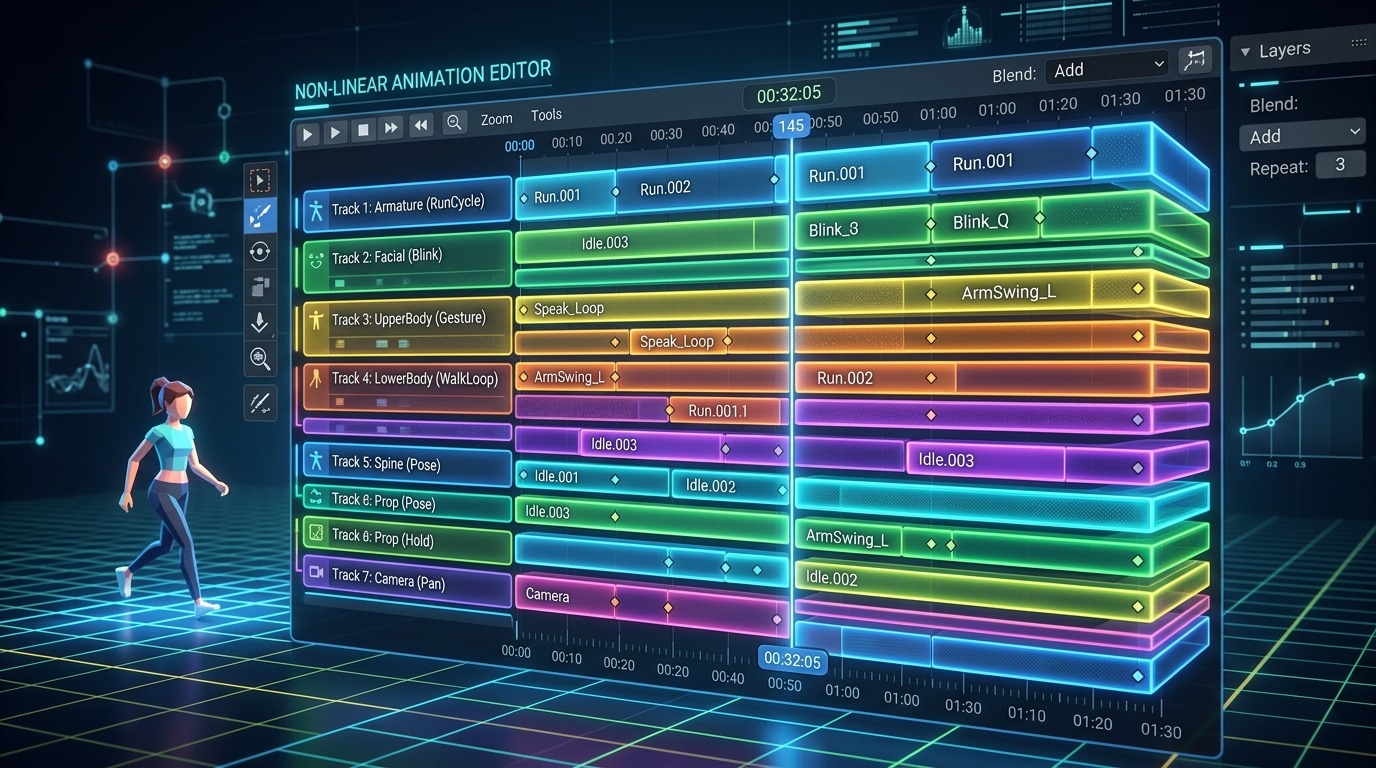 Meerdere gekleurde horizontale stroken boven elkaar, als een partituur met verschillende animatie-lagen.