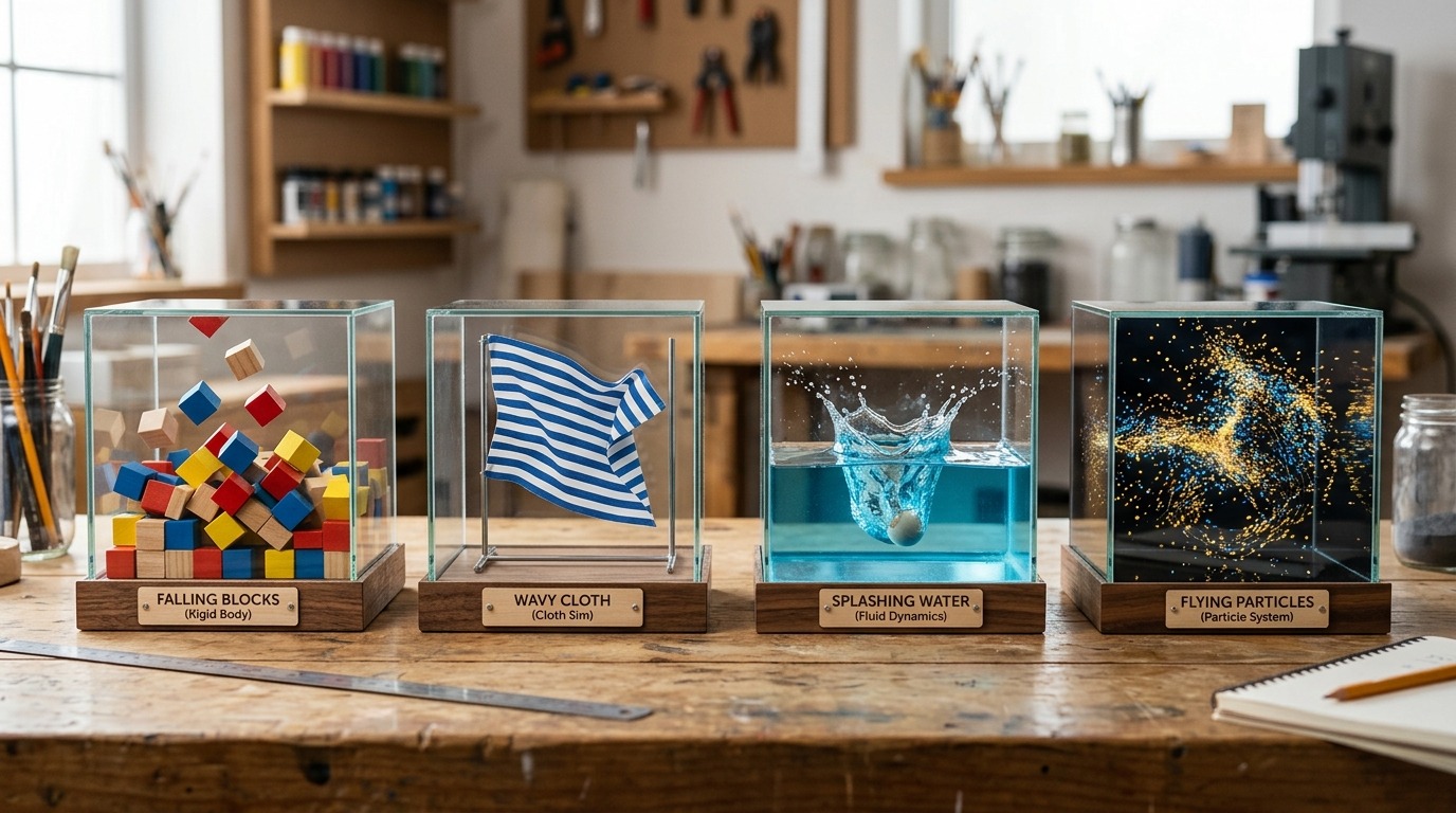 Een tafel met vier miniatuurscènes naast elkaar: vallende blokken, een golvend doek, opspattend water en rondvliegende deeltjes.