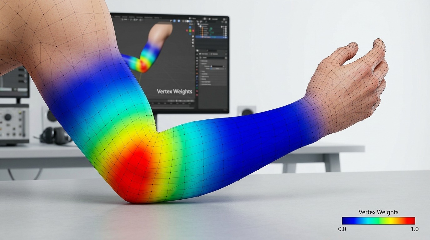 Een arm met een kleurverloop van blauw naar rood op de huid ter hoogte van de elleboog — het idee van weight paint zichtbaar gemaakt.