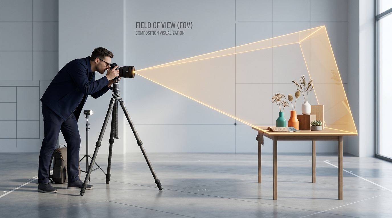 Een fotograaf die door een camera op een statief kijkt naar een opgebouwde scène — het beeldveld is een driehoek van lens tot onderwerp.