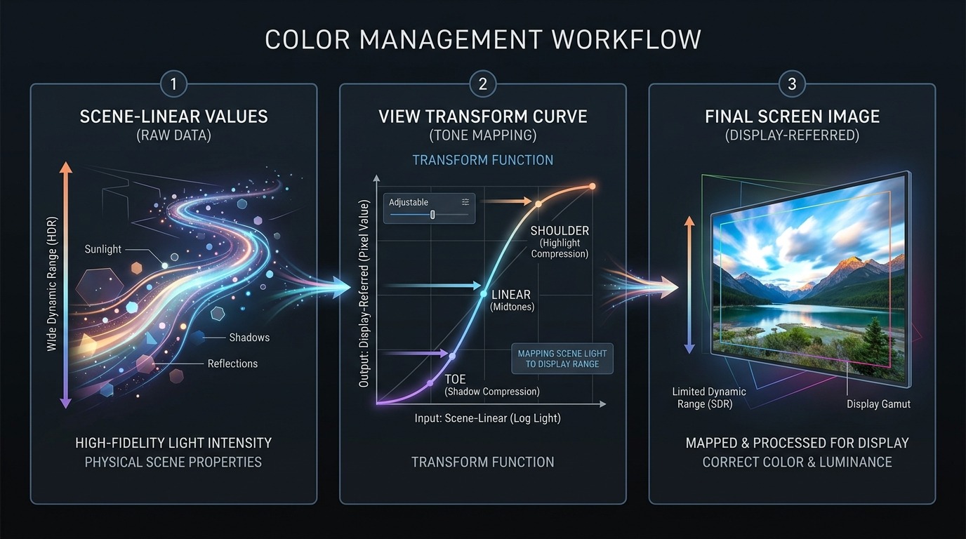 Een schema met drie stappen naast elkaar: scène-lineaire waarden, een view transform-curve, en het uiteindelijke schermbeeld — geen interface, een concept-illustratie.