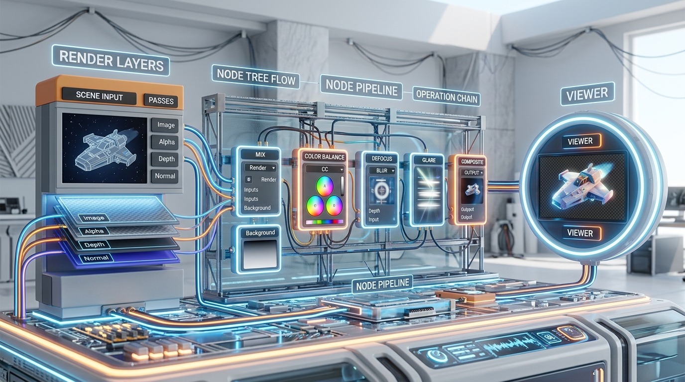 Een schematische node-boom: Render Layers links, een keten van bewerkingen in het midden, een Viewer-node rechts — geen echte interface, een conceptuele doorsnede.