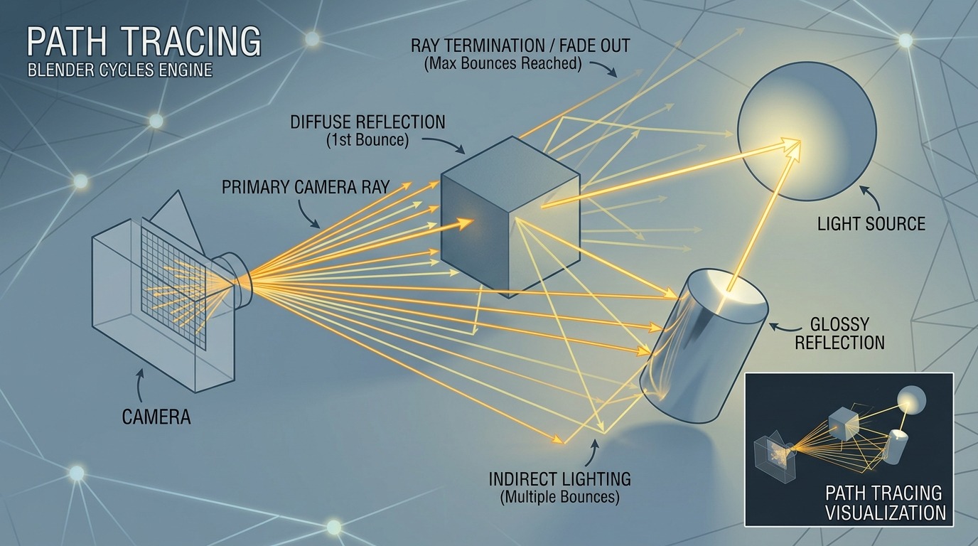 Schematische lichtstralen die vanaf de camera een scène in kaatsen, van oppervlak naar oppervlak, tot ze een lichtbron raken of uitdoven — het denkbeeld achter path tracing, geen interface.