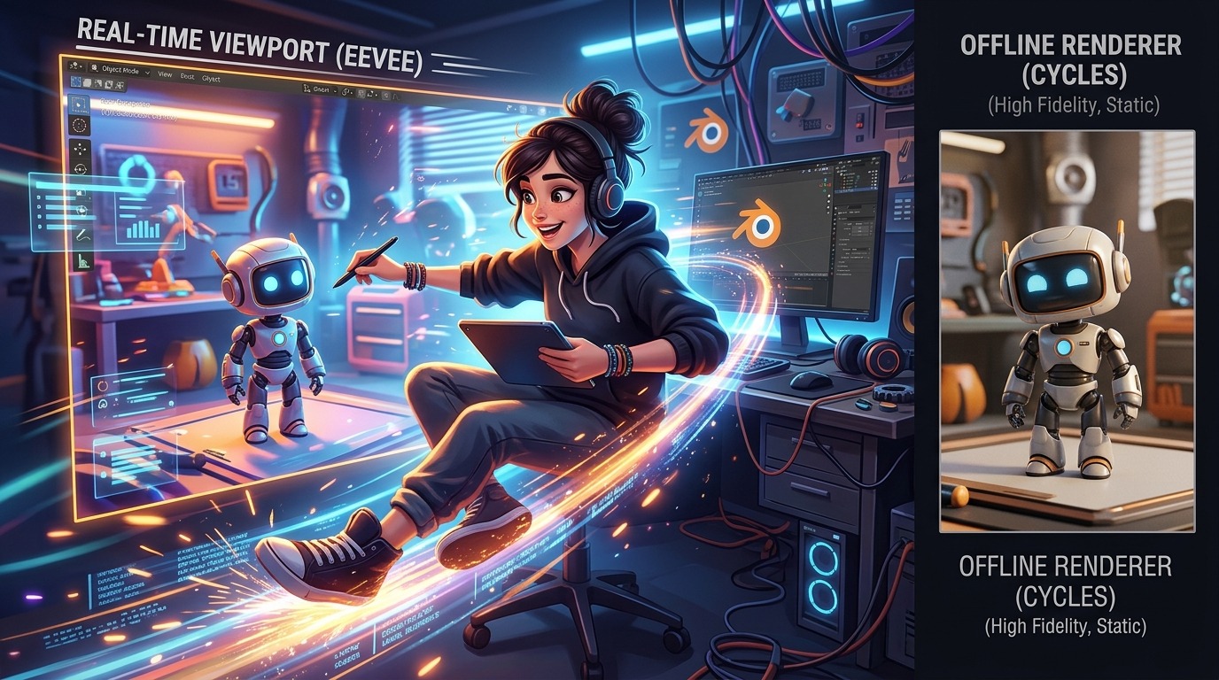 Een animator die live in de viewport schuift terwijl de belichting in realtime meebeweegt — het onderscheid tussen EEVEE en een offline renderer.