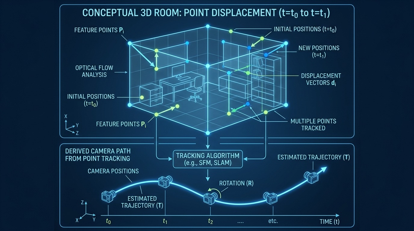 Schema van een kamer met gemarkeerde hoekpunten en pijlen die hun verplaatsing over drie frames tonen, met daaronder een uit die verplaatsing afgeleid camerapad — een concept-illustratie, geen interface.