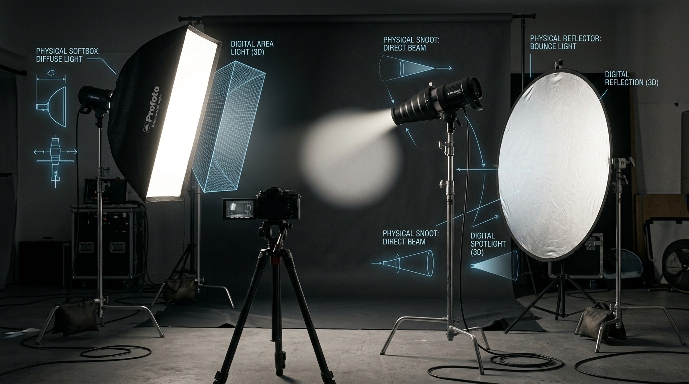 Een fotostudio met een softbox, een spot met snoot en een reflectiescherm — de fysieke tegenhangers van Area, Spot en world-bounce-licht.
