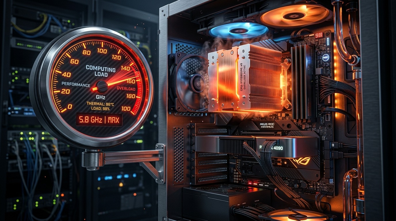 Een snelheidsmeter naast een druk werkende computer met open koelribben — de beeldspraak voor waar rekenkracht naartoe gaat.