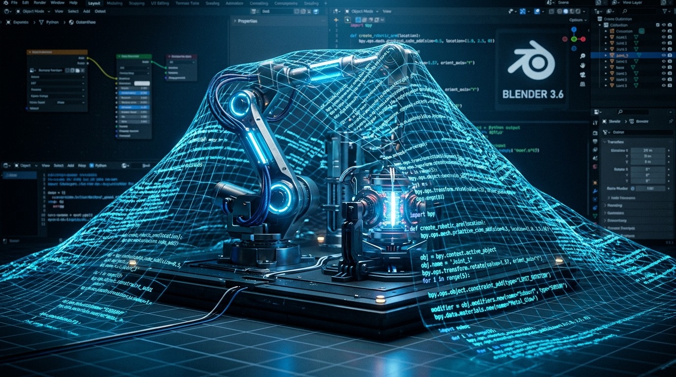 Een doorzichtige laag code die als een net over een 3D-scène ligt — de beeldspraak dat elke handeling in Blender ook als script bestaat.