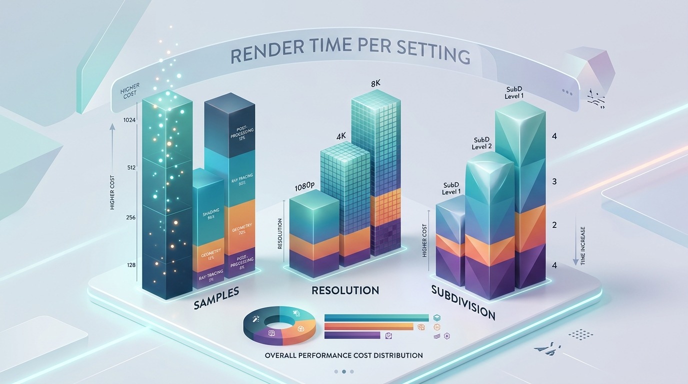 Een balkdiagram-achtige illustratie van rendertijd per instelling (samples, bounces, subdivision) — een concept-illustratie die de kostenverdeling toont, geen interface.