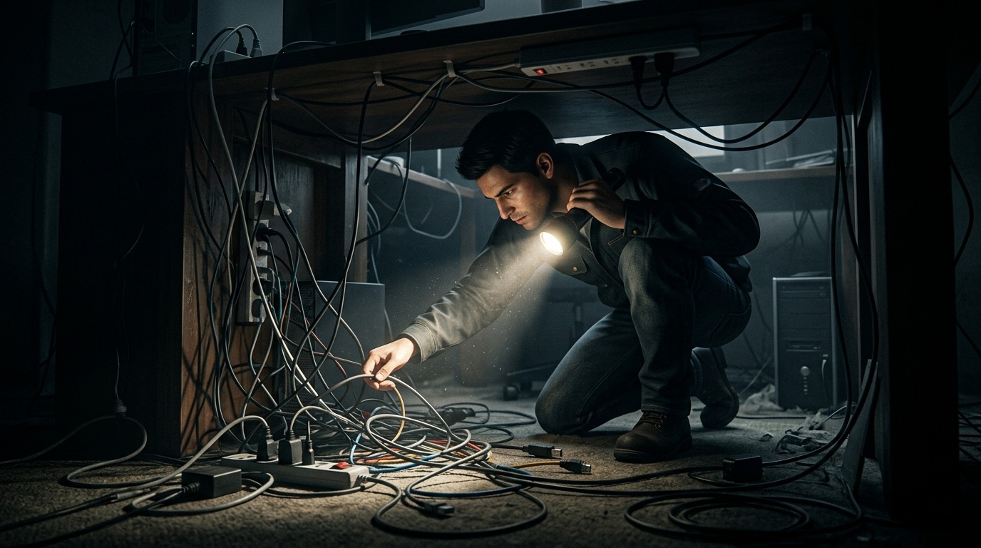 Iemand die met een zaklamp onder een bureau naar een losse kabel zoekt — de beeldspraak voor gericht een probleem opsporen in plaats van gokken.