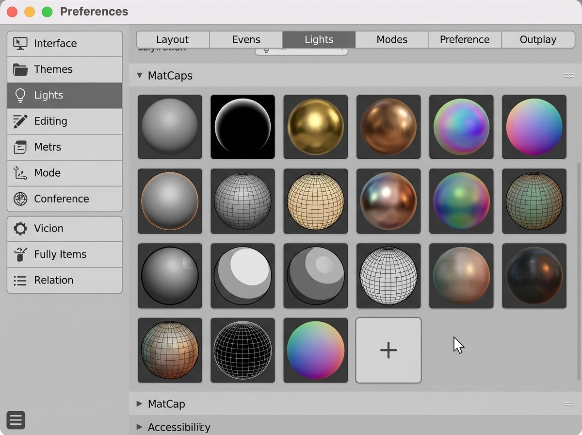 Preferences → Lights-tab, MatCaps-sectie: een raster van kleine, gerenderde bol-thumbnails in verschillende belichtingsstijlen, met een plusicoon in de hoek van het raster om een eigen afbeelding toe te voegen. De cursor zweeft net boven dat plusicoon.