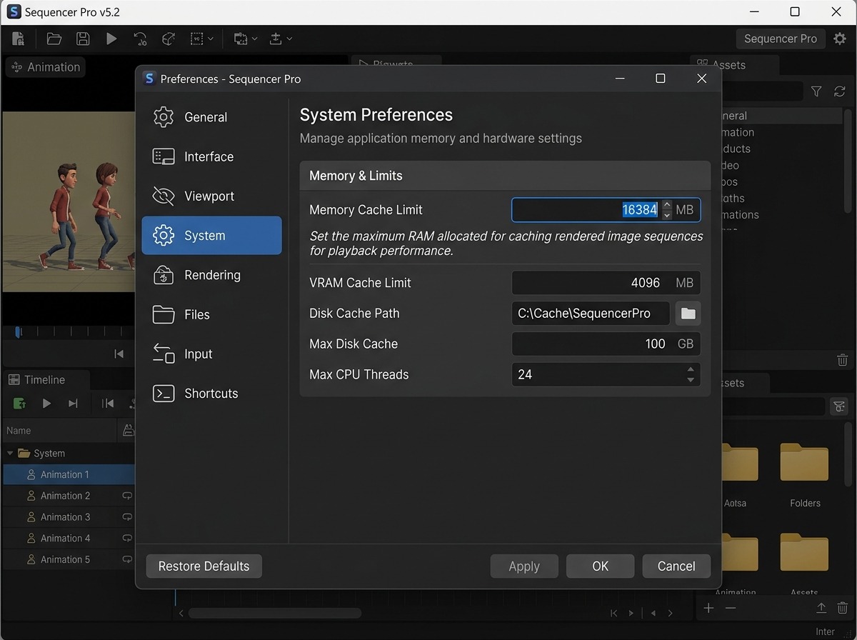 Preferences → System-tab, sectie Memory & Limits: het numerieke invoerveld Memory Cache Limit met een waarde in megabytes ingevuld, met een korte uitlegregel eronder over gecachete beeldsequenties.