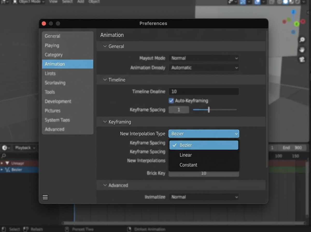 Preferences → Animation-tab, sectie Keyframing: de dropdown New Interpolation Type staat opengeklapt met de opties Bezier, Linear en Constant zichtbaar in de lijst, Bezier gemarkeerd als huidige standaardkeuze.