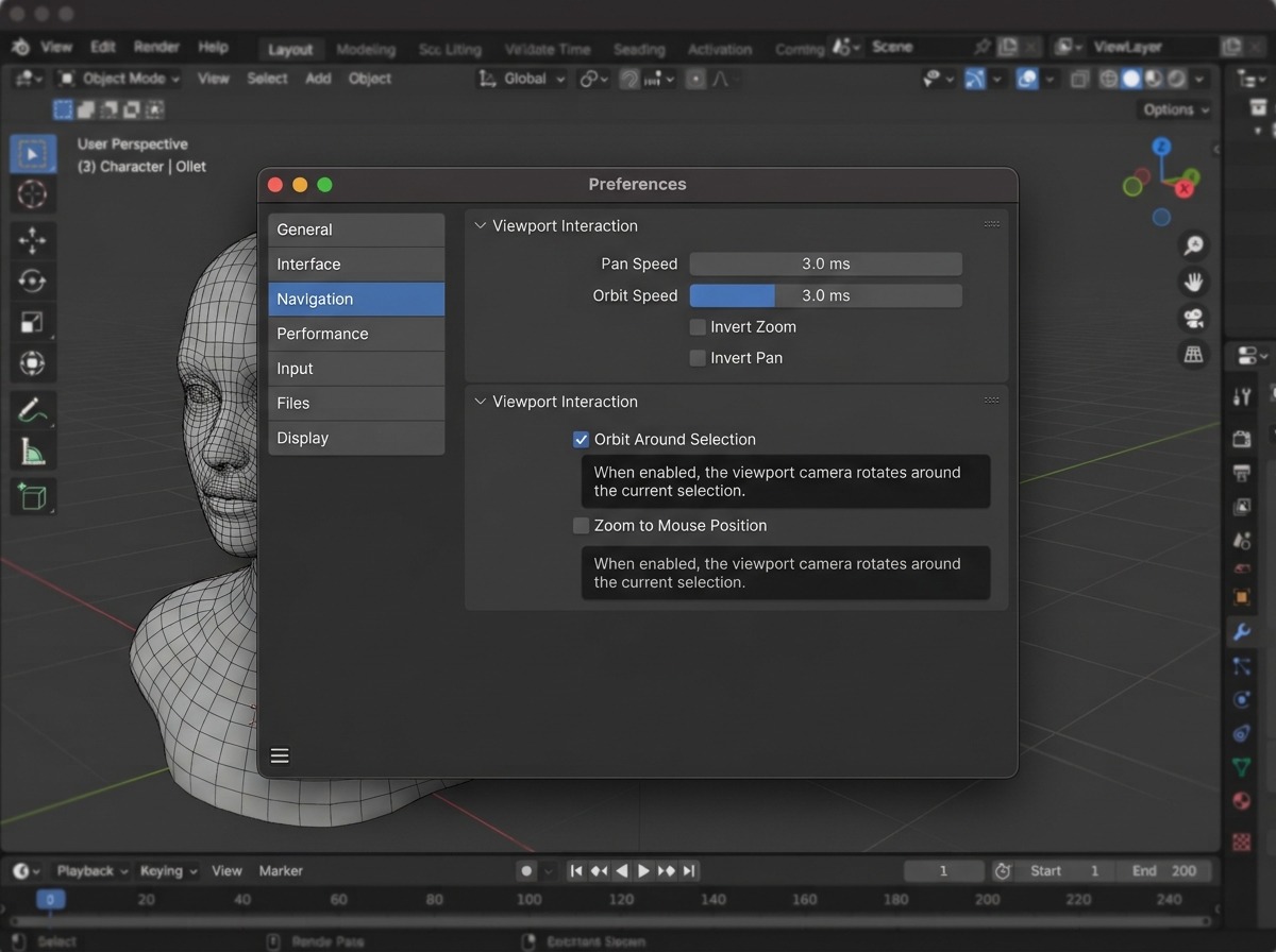 Preferences → Navigation-tab met de checkboxen Orbit Around Selection en Zoom to Mouse Position na elkaar in de lijst, Orbit Around Selection aangevinkt en met een korte uitlegregel eronder.