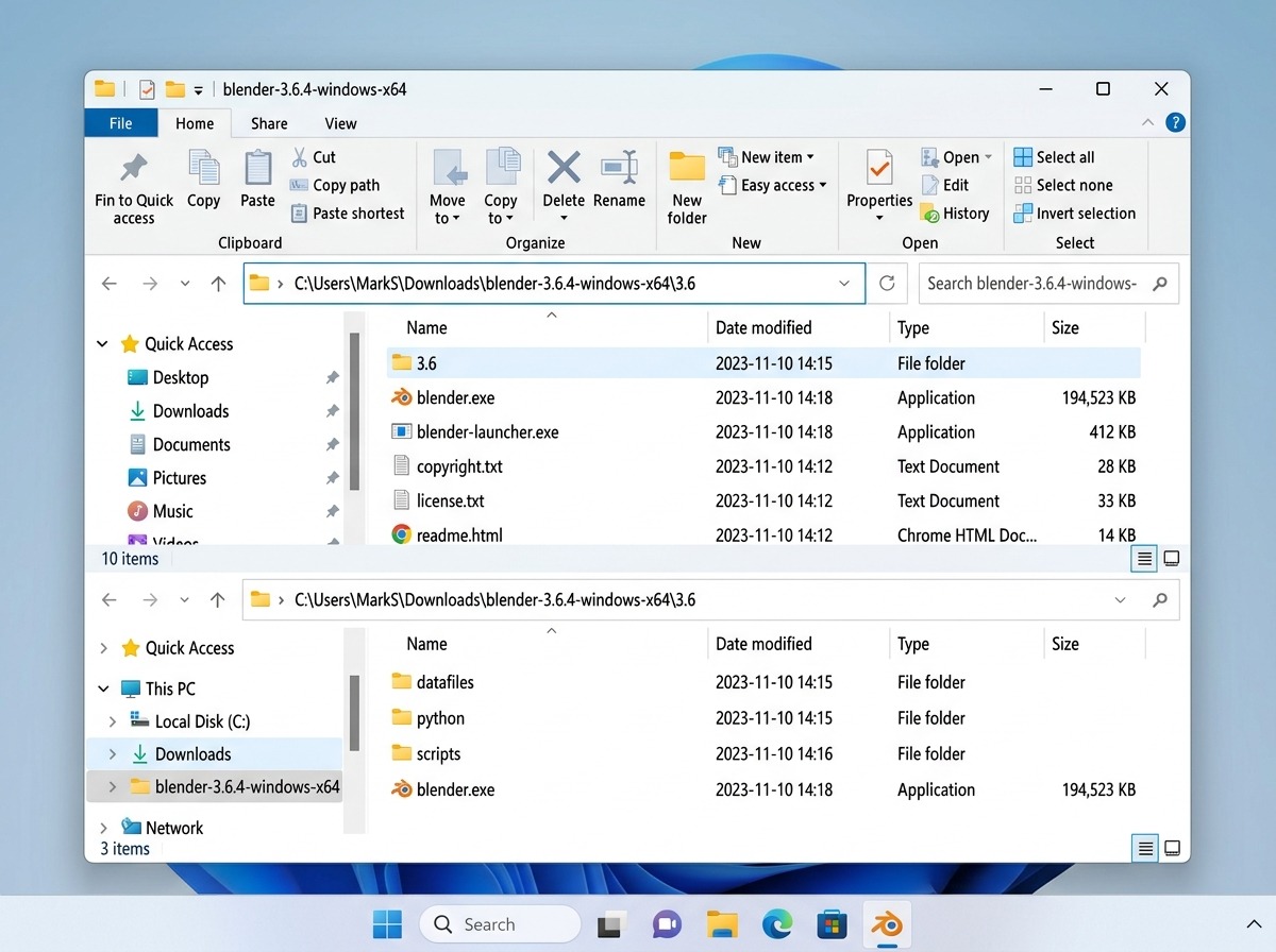 Een Windows Verkenner-venster met de uitgepakte portable-zip-map van Blender open in Details-weergave: in de lijst blender.exe, een submap met het versienummer, en daarbinnen de mappen datafiles, python en scripts, elk met bestandsgrootte en type-kolom. De adresbalk bovenaan toont het volledige pad naar de uitgepakte map. Neutrale, opgeruimde bestandsverkenner-sfeer.