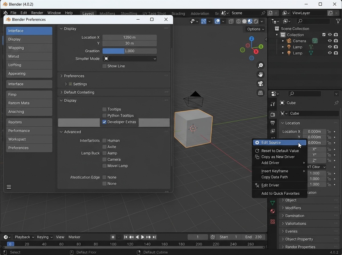 Preferences → Interface-tab, sectie Display: de checkboxen Tooltips, Python Tooltips en Developer Extras onder elkaar, met Developer Extras net aangevinkt. Ernaast, als gevolg daarvan, een klein rechtsklik-contextmenu op een willekeurige eigenschap met de extra optie “Edit Source” die daardoor verschenen is.