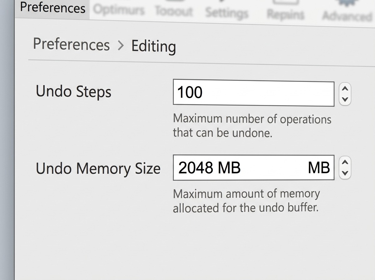 Het volledige Preferences → Editing-tab-venster met de sectie Undo zichtbaar: de velden Undo Steps en Undo Memory Size staan naast elkaar met hun standaardwaarden, in een breed overzicht van het hele tabblad, de tabkolom links met Editing gemarkeerd.