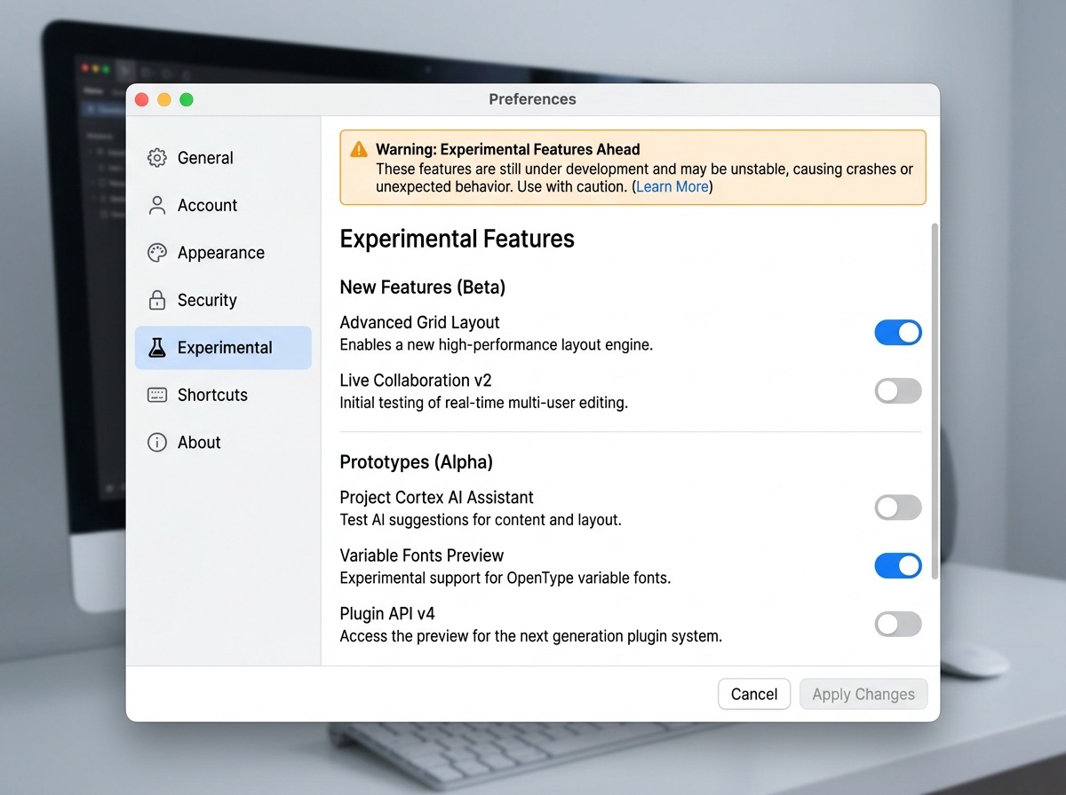 Het volledige Preferences-venster met de tab Experimental geselecteerd in de linkerkolom: de secties New Features en Prototypes zijn beide zichtbaar met hun schakelaars, en bovenaan de tab-inhoud staat een smal waarschuwingsbannertje dat waarschuwt voor instabiliteit.