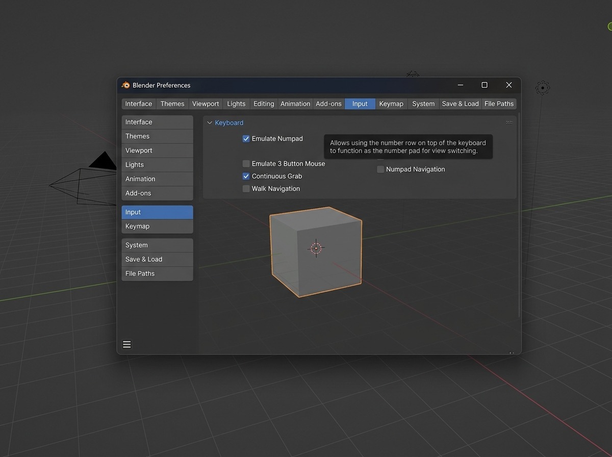 Preferences → Input-tab, geopend meteen na de eerste start van Blender: de sectie Keyboard is uitgeklapt met Emulate Numpad aangevinkt, en op de achtergrond is door het halfdoorzichtige Preferences-venster nog net de standaard-startupscene met de kubus zichtbaar.