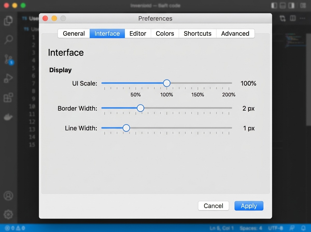 Preferences → Interface-tab, sectie Display: de schuifregelaars UI Scale, Border Width en Line Width met hun huidige waarden ernaast, netjes onder elkaar in het grijze Preferences-venster.