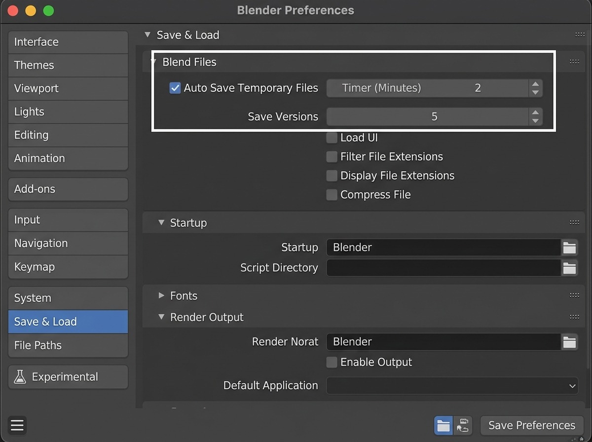 Preferences → Save & Load-tab, paneel Blend Files: de checkbox Auto Save Temporary Files staat aangevinkt met een tijdsinterval-veld ernaast, en daaronder de optie Save Versions met een getal ingesteld — beide instellingen samen in één overzichtelijk paneel.