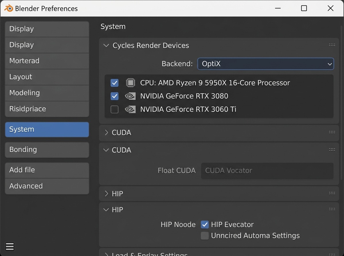 Preferences → System-tab, paneel Cycles Render Devices: een lijst met de CPU en één of meer GPU’s als aparte regels, elk met een eigen checkbox, en bovenaan een backend-dropdown (bijvoorbeeld OptiX of CUDA) die het type versnelling kiest.