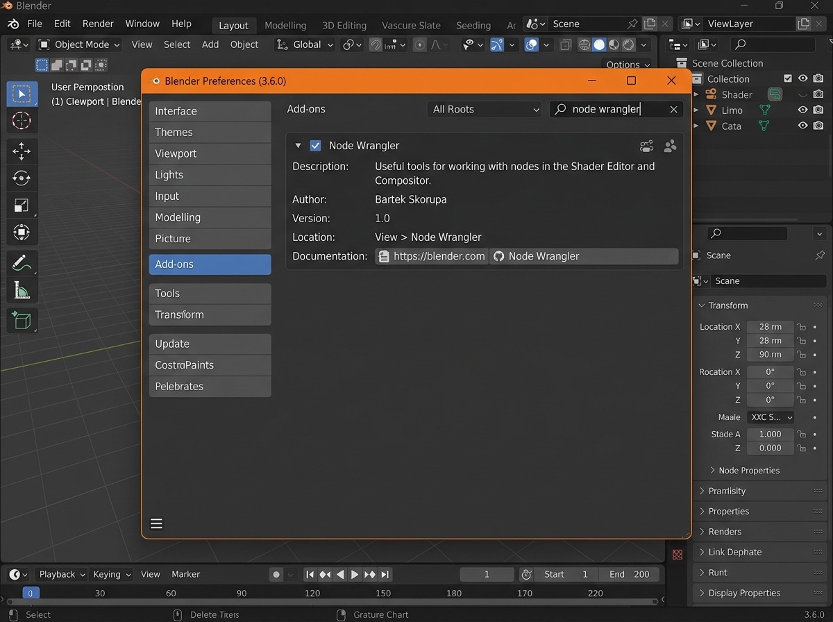 Preferences → Add-ons-tab met de zoekbalk ingevuld met “node wrangler”: de add-on Node Wrangler staat in de resultatenlijst met zijn checkbox aangevinkt, de naam en een korte beschrijving eronder uitgeklapt.
