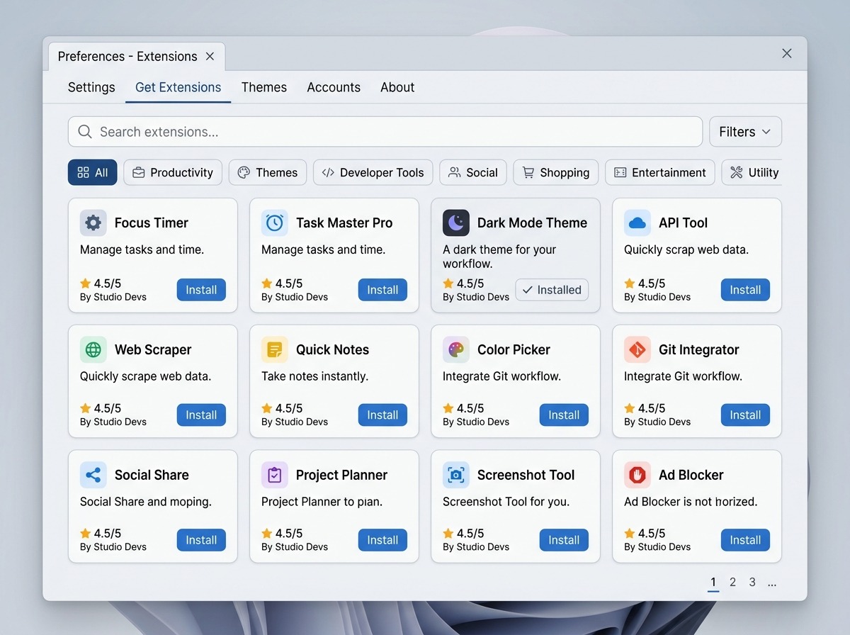 Preferences → Get Extensions-tab: een raster van extension-tegels, elk met een klein icoon, een naam en een Install-knop, met bovenaan een zoekbalk en een rij filterknoppen voor categorieën.