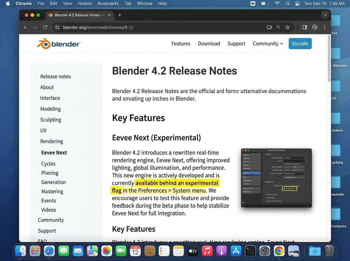 Een browservenster met een pagina uit de officieel Blender release notes: een alinea over een nieuwe functie bevat de zin “available behind an experimental flag”, met die specifieke zin visueel gemarkeerd of onderstreept tussen de rest van de paginatekst.