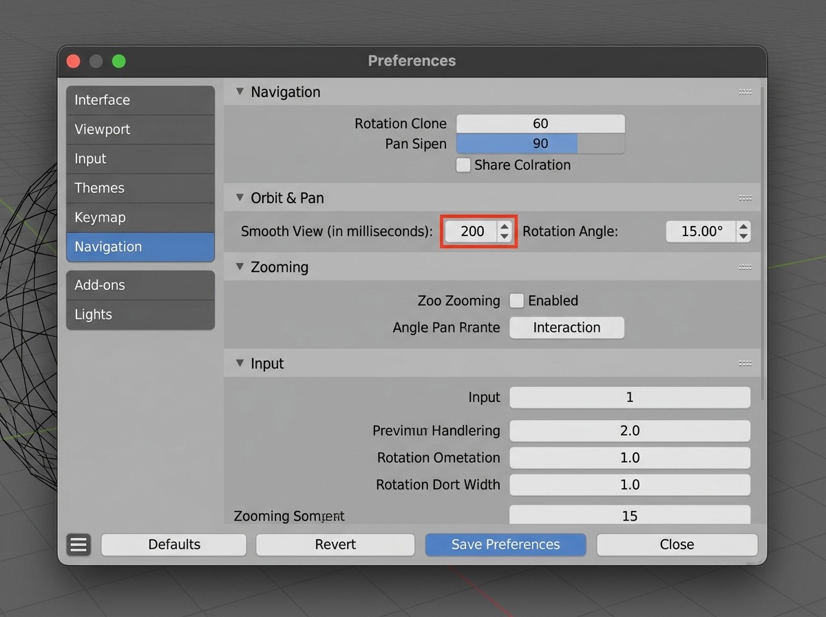 Preferences → Navigation-tab, sectie Orbit & Pan: de velden Smooth View (in milliseconden) en Rotation Angle met hun ingevulde waarden naast elkaar, in het grijze Preferences-venster.