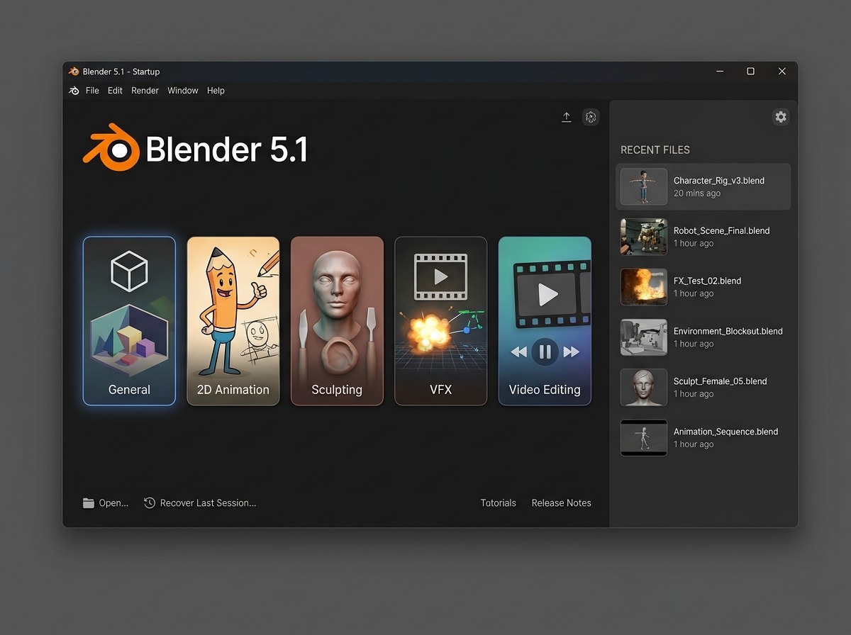De Blender 5.1-splashscreen bij het opstarten: een donker venster met het Blender-logo en versienummer bovenaan, in het midden een rij klikbare template-tegels (General, 2D Animation, Sculpting, VFX, Video Editing), en rechts een kolom Recent Files met kleine voorbeeldthumbnails van eerder geopende bestanden.